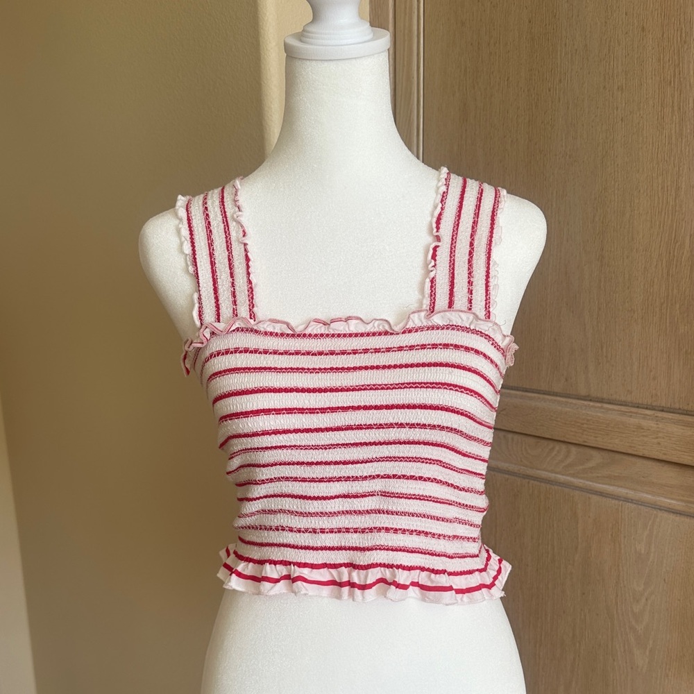 Cotton Candy LA Striped Ruffle Trim Tank Top - Red and White